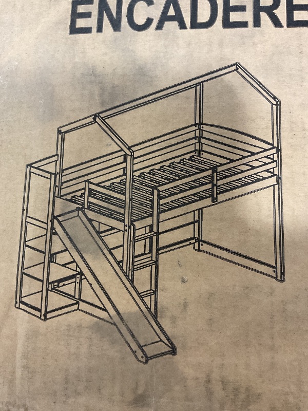 Photo 1 of YOPTO Twin Size Wood House Loft Bed with Slide, Storage Shelves and Light, Climbing Ramp,Solid-Wood Loft Bed for Kids,Wood Play House Bed for Girls/Boys/Toddlers,Wood-Color
*MISSING BOX 2 OF 2 (SLIDE)* 