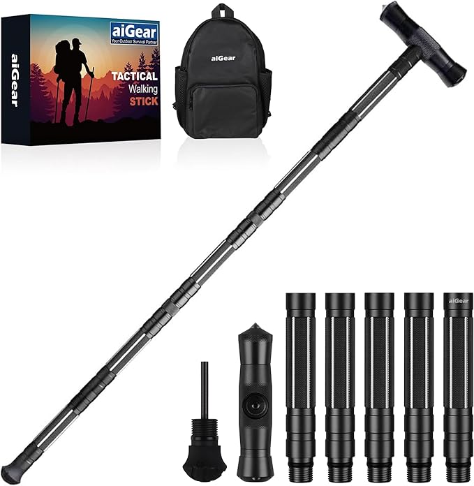 Photo 1 of aiGear Tactical Stick Hiking Walking Staff - Trekking Poles Outdoor Tactical Staff Adjustable Hiking Stick for Survival Camping Hiking