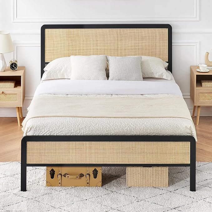 Photo 1 of Queen Bed Frame With Natural Rattan Headboard and Footboard, Platform Bed Frame With Safe Rounded Corners, Metal Platform With Strong Metal Slats Support, Under Bed Storage, No Box Spring Needed