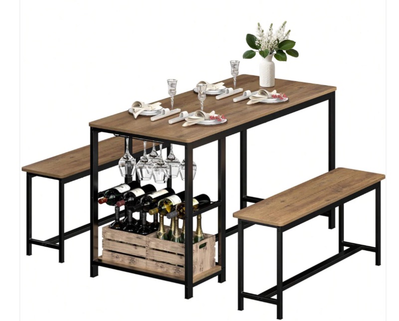 Photo 2 of **parts only** 55 inch Kitchen Dining Table Set with 2 Benches, Storage Shelf, Wine Glass Rack