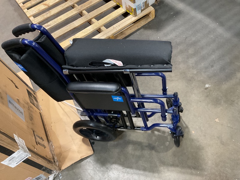 Photo 2 of *MISSING HAND BREAKS* 
Medline Lightweight Foldable Transport Wheelchair with Handbrakes and 12-Inch Wheels, Blue Frame, Black Upholstery