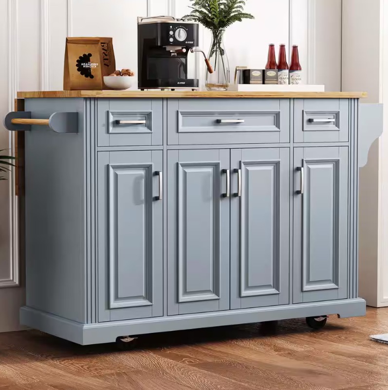 Photo 1 of **MISSING HARDWARE** Blue Wood 54 in. Kitchen Island with 4 Doors 3 Drawers Wheels Cabinet Storage Sideboard Dining Living Room Kitchen

