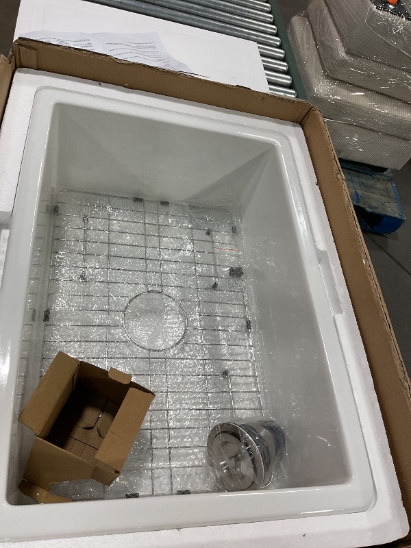 Photo 2 of Davivy White Farmhouse Sink 33 Inch Fireclay Kitchen Sink, 33x18 Farmhouse Kitchen Sink,Apron Front Farm Sink,Undermount Kitchen Sink, Porcelain Single Bowl Sink with Bottom Grid & Strainer