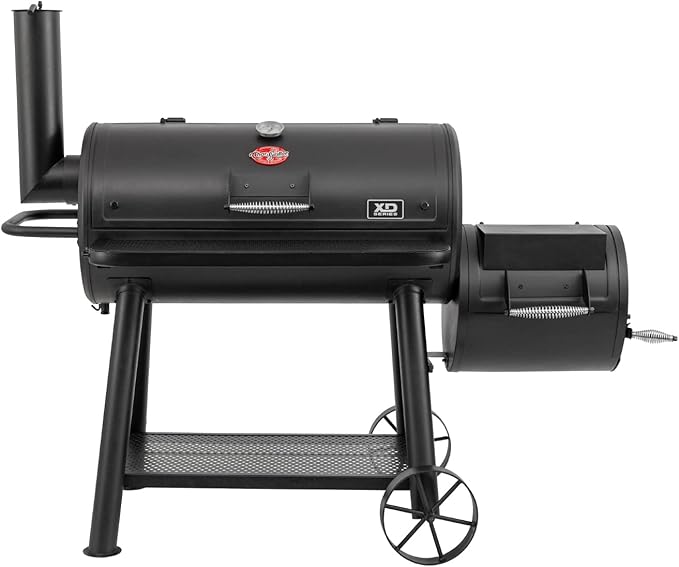 Photo 1 of ****BOX 2 OF 2 ONLY CHAR-GRILLER® GRAND CHAMP CHARCOAL OFFSET GRILL AND SMOKER, PREMIUM HEAVY DUTY STEEL, FOLDING FRONT SHELF, BARREL GRILL WITH SIDE FIREBOX, BLACK, MODEL 8250 ****SIDE FIREBOX ONLY