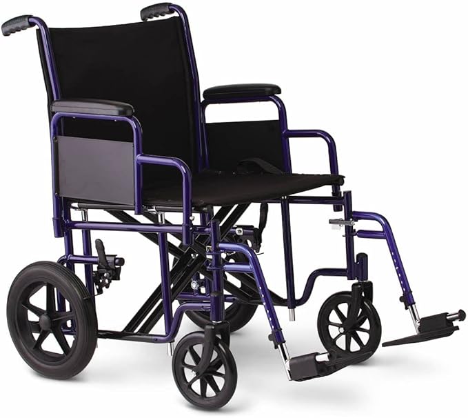 Photo 1 of Medline Heavy Duty Transport Chair supports up to 500 lbs., Bariatric Transport Wheelchair, 22" x 18" seat, Blue Frame