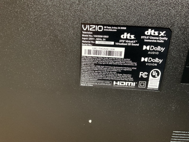 Photo 4 of **FOR PARTS ONLY** VIZIO 50 Inch 4K UHD Smart TV with Dolby Vision HDR HDR10+ HLG, Full Array LED, Bluetooth Capable, DTS Virtual X, HDMI VRR, V-Gaming Engine and IQ Active (V4K50M-0807)