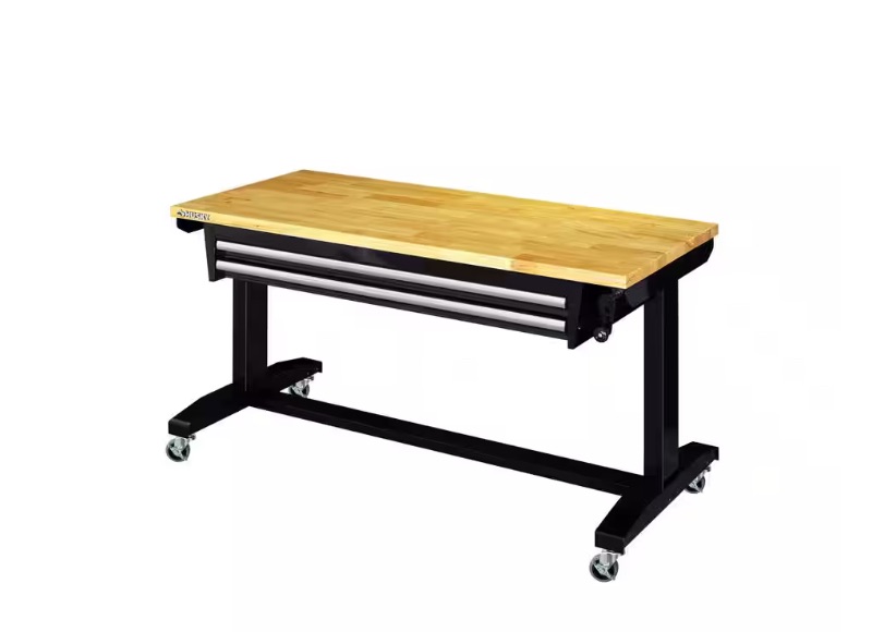 Photo 1 of Husky 52 in. W x 24 in. D 2-Drawer Adjustable Height Black Work Table with Solid Wood Top