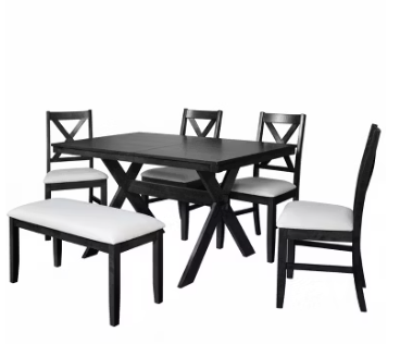 Photo 1 of *** BOX 2 OF FOUR ONLY***Traditional 6-Piece 63 Inch Rectangular Dining Set, Black Finish with Grey Polyester Upholstered Seating, Solid Rubberwood