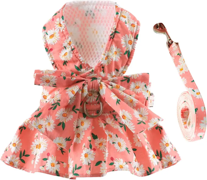 Photo 1 of **missing skirt bottom*** BAEJMJK Dog Dress Bowknot Harness Leash Set for Small Dogs Cats Daisy Floral Girl Dog Dresses Cute Puppy Princess Clothes Pet Doggy Outfits Spring Summer Breathable Dresses(Pink,Medium)