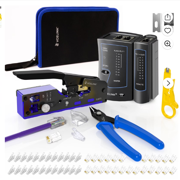 Photo 1 of **POSSIBLY FOR PARTS & MISSING PIECES*** VCELINK RJ45 Crimp Tool Kit for CAT7/6A/6/5E/5, Upgraded Network Tool Set with an Ethernet Crimper, 50 RJ45 Connectors & Boots, Cable Tester, Wire Stripper and Cutter in a Cloth Bag, Blue