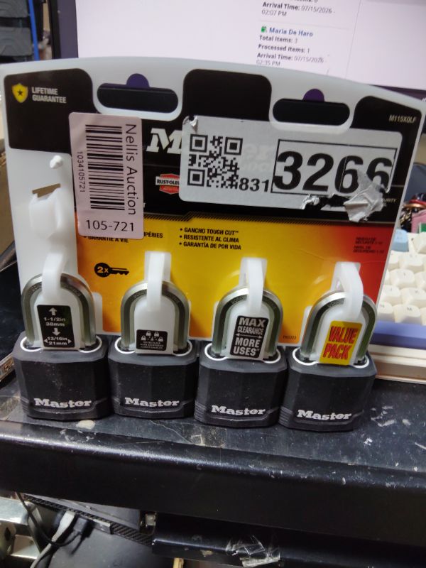 Photo 1 of ***MISSING KEYS*** Master Lock Black Key Lock, Heavy Duty Weather Resistant Padlock with Cover, Keyed Alike Padlocks for Outdoor Use, 4 Pack, M115XQLF