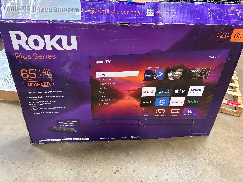 Photo 1 of ***FOR PARTS ONLY DISPLAY COMPLETLY DAMAGED*** Roku 65-Inch Smart TV - Plus Series, 4K QLED Mini-LED TV - RokuTV