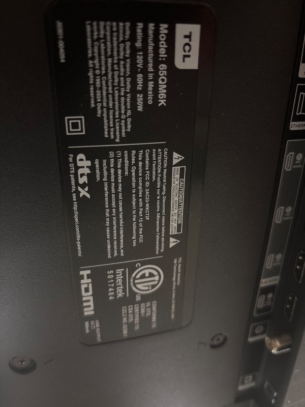 Photo 1 of ***UNTESTED MISSING POWER CORD *** TCL 65 Inch QM6K Series Mini LED QLED 4K Smart TV