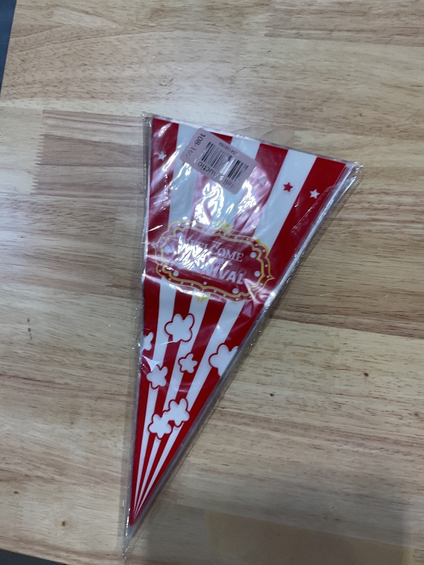 Photo 1 of 120 Pcs Carnival Candy Bags Carnival Party Decorations Red White Circus Cone Popcorn Bags with Gold Twisted Ties for Party Favor Supplies Candy Cookie Wrapping