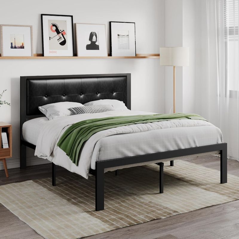 Photo 1 of ****STOCK PHOTO FOR REFERENCE ONLY****SHA CERLIN Faux Leather Platform Bed Frame with Metal Slats, Button Tufted Square Stitched Headboard, No Box Spring Needed, Easy Assembly, Full