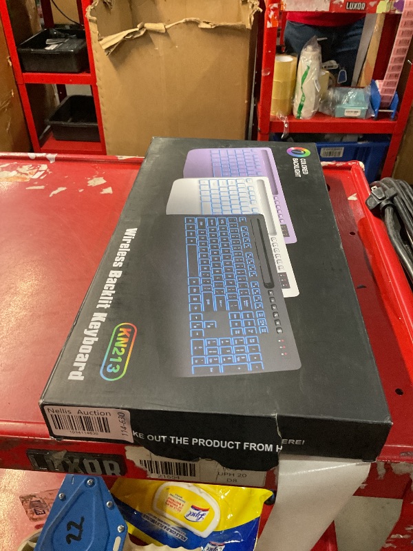 Photo 1 of **READ NOTES**(MISSING USB DONGLE)
Wireless Keyboard with 7 Colored Backlits, Wrist Rest, Phone Holder, Rechargeable Ergonomic Computer Keyboard with Silent Keys, Full Size Lighted Keyboard for Windows, MacBook, PC, Laptop (White)