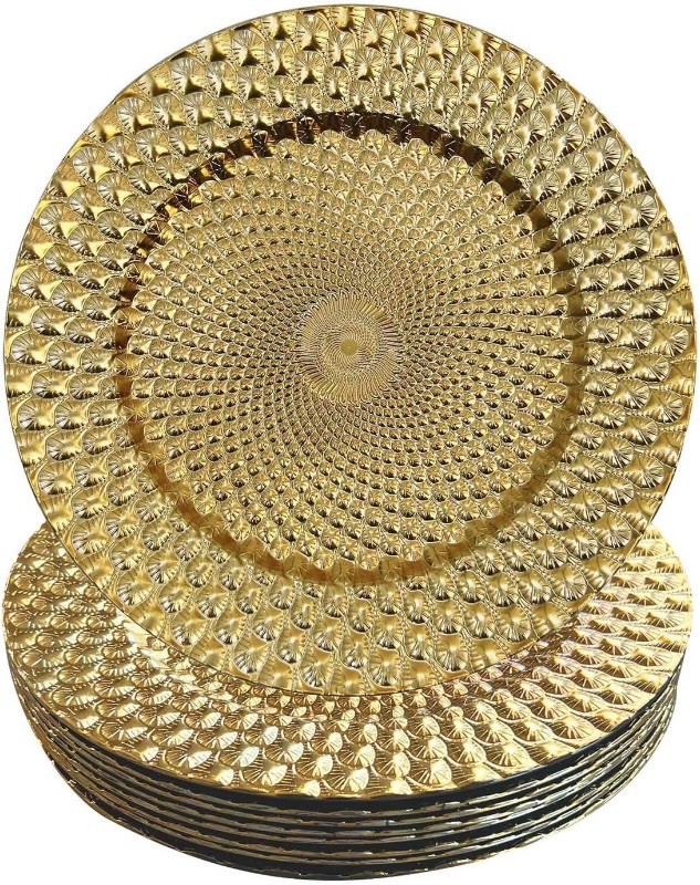 Photo 1 of (FAIR) Gold Plastic Peacock Charger Plates - 12 pcs 13 Inch Round Wedding Party Decroation Charger Plates (Peacock Gold))