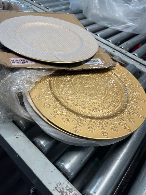 Photo 2 of (FAIR) Gold Plastic Peacock Charger Plates - 12 pcs 13 Inch Round Wedding Party Decroation Charger Plates (Peacock Gold))