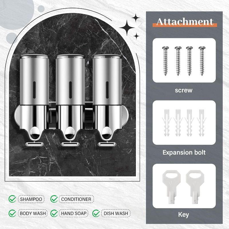 Photo 1 of (FAIR) Kritkin 3 in 1 Chamber Wall Mounted Bathroom Shower Pump Dispenser Stainless Steel Organizer, Hold Shampoo, Soap, Conditioner, Shower Gel, for Bathroom Kitchen Hotel Non drilled Wall