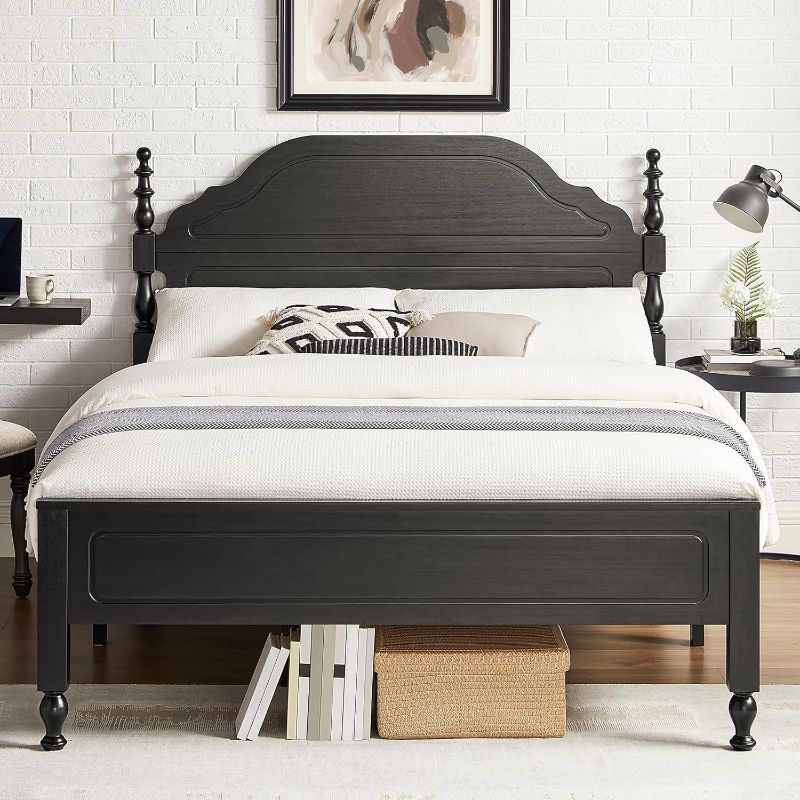 Photo 1 of *** FACTORY SEAL***Wood Queen Bed Frame with Wooden Headboard and Footboard, Heavy Duty 12 Solid Wood Slats Support, Rubber Wood Platform Bed Frame with large Under Bed Storage, No Box Spring Needed, Rustic Black