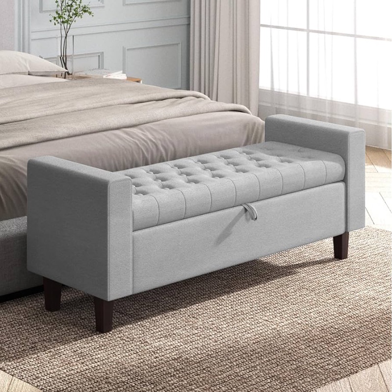 Photo 1 of *** TRUCK OR TRAILER PICK UP ONLY*** NO LEG AND HAVE SOME STAIN ON THE COUCH***Storage Ottoman Bench, Bed Bench Storage with Solid Wood Legs, 55" Bedroom Upholstered Bench for End of Bed Entryway Dining Room Living Room, Light Gray