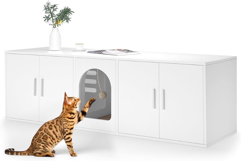 Photo 1 of ***STOCK PHOTO FOR REFERENCE ONLY***Litter Box Enclosure for 2 Cats, Cat Litter Box Enclosure Furniture with Double Room, Wooden Litter Box Furniture with Cat Door, White