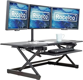 Photo 1 of **NON-REFUNDABLE** (PARTS) **TRUCK/TRAILER PICK UP ONLY**  Rocelco 46" Large Height Adjustable Standing Desk Converter - Quick Sit Stand Up Triple Monitor Riser - Tall Gas Spring Assist Computer Workstation - Retractable Keyboard Tray - Black (R DADRB-46)