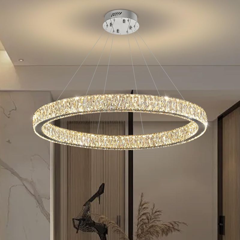 Photo 1 of ***STOCK PHOTO FOR REFERENCE ONLY***Modern LED Dimmable Crystal Chandelier 39.4" Ring Pendant Light Adjustable Round Chrome Crystal Chandelier Light Fixtures for Dining Room Living Room