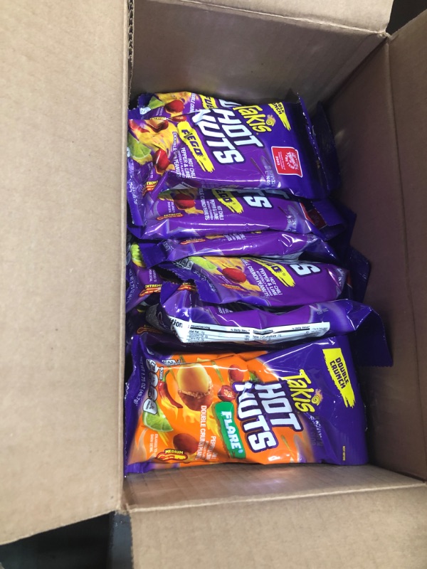 Photo 2 of ***(EXP:11/13/24 )NONREFUNDABLE***Takis Hot Nuts Fuego (12) and Flare (6) Double Crunch Spicy Peanuts, Hot Chili Pepper Lime and Chili Pepper Lime Flavored Peanuts Variety Pack, 18 Individual Bags, 1.75 Ounces Each