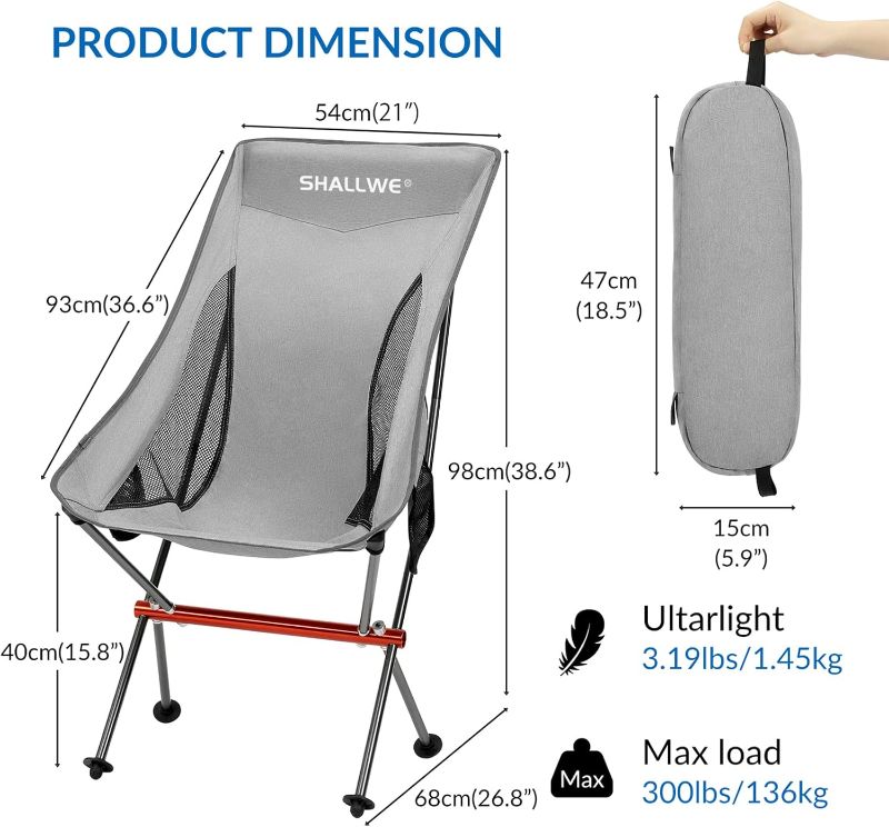 Photo 3 of (READ FULL POST) SHALLWE Ultralight High Back Folding Camping Chair, Upgraded All Aluminum Frame for Adult, Built-in Pillow, Side Pocket & Carry Bag, Compact & Heavy Duty for Outdoor Backpacking(Silver)