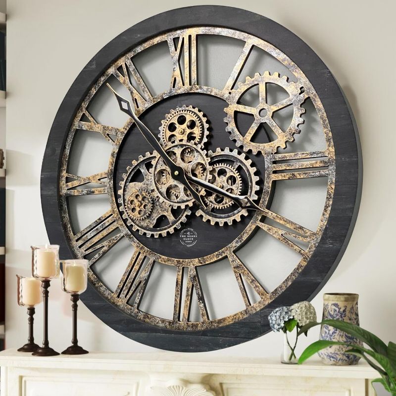 Photo 1 of ***STOCK PHOTO REFERENCE ONLY*** The Gears Clock The Original Real Moving Gear Wall Clock Vintage Industrial Oversized Rustic Farmhouse (24 inch (60cm), Vintage Black Wood and Bronze)