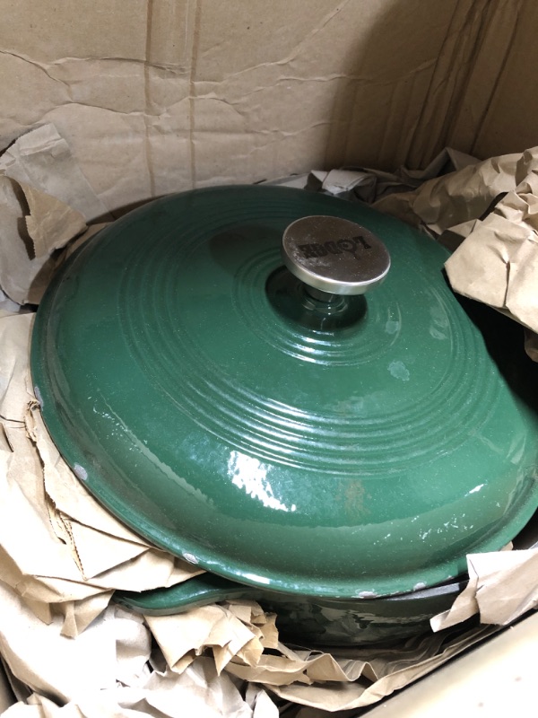 Photo 2 of * SCRAPED ALL OVER * Lodge 6 Quart Enameled Cast Iron Dutch Oven with Lid – Dual Handles – Oven Safe up to 500° F or on Stovetop - Use to Marinate, Cook, Bake, Refrigerate and Serve – Evergreen