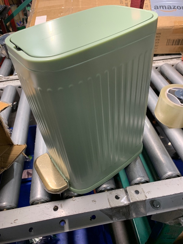 Photo 1 of (used/fair) Slim Trash Can for Bathroom with Air Freshener Soft Close Lid, 6 Liter/ 1.6 Gallon Stainless Steel Garbage Can with Removable Inner Bucket,Step Pedal, Small Wastebasket for Bedroom, Kitchen (Green)