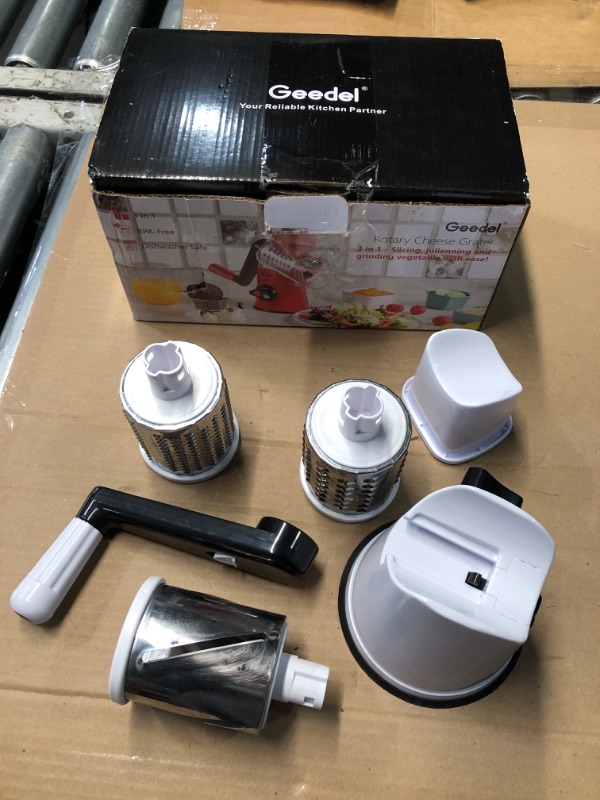 Photo 2 of **FOR PARTS ONLY**(READ NOTES)
Geedel Rotary Cheese Grater, Kitchen Mandoline Vegetable Slicer with 3 Interchangeable Blades, Easy to Clean Rotary Grater Slicer for Fruit, Vegetables, Nuts