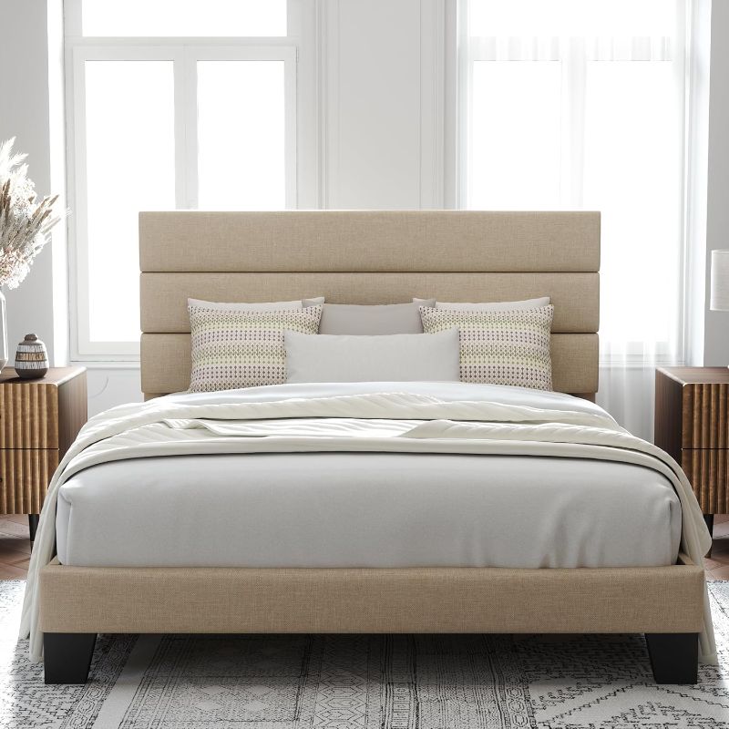 Photo 1 of (PARTIAL SET) (BOX 2 OF 2) Queen Size Platform Bed Frame with Fabric Upholstered Headboard and Wooden Slats Support, Fully Upholstered Mattress Foundation/No Box Spring Needed/Easy Assembly, Beige