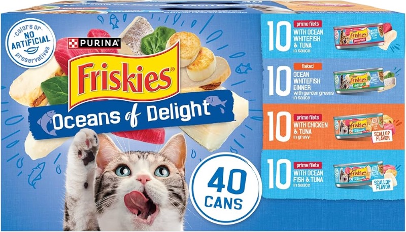 Photo 1 of ***(EXP: SEP 2026 )NONREFUNDABLE***Purina Friskies Wet Cat Food Variety Pack, Oceans of Delight Flaked and Prime Filets - (Pack of 40) 5.5 oz. Cans