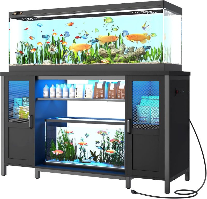 Photo 1 of ***STOCK PHOTO REFERENCE ONLY***55-75 Gallon Fish Tank Stand with Power Outlet&LED Light, Heavy Duty Metal Aquarium Stand for 2 Fish Tank Accessories Storage, Suit for Turtle Tank, Reptile Terrarium, 880lbs Capacity, Black
