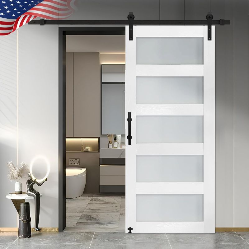 Photo 1 of **SEE NOTES** S&Z TOPHAND® 36 in x 84 in Glass Sliding MDF Barn Door with 6.6FT Sliding Door Hardware Kit, 5 Tempered Frosted Glass, Slab Inside Covered with Water-Proof PVC Surface, Simple DIY Assembly