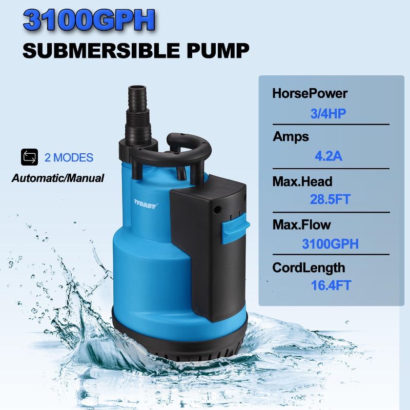 Photo 3 of (UNABLE TO TEST FULLY) (FAIR) TYDAST Submersible Water Pump 3/4HP 3100GPH, Portable Sump Pump, Utility Water Transfer with 16.4 Ft Cord for Pool Draining, Flood Basement, Garden Pond, Auto/Manual Control by Integrated Float Switch