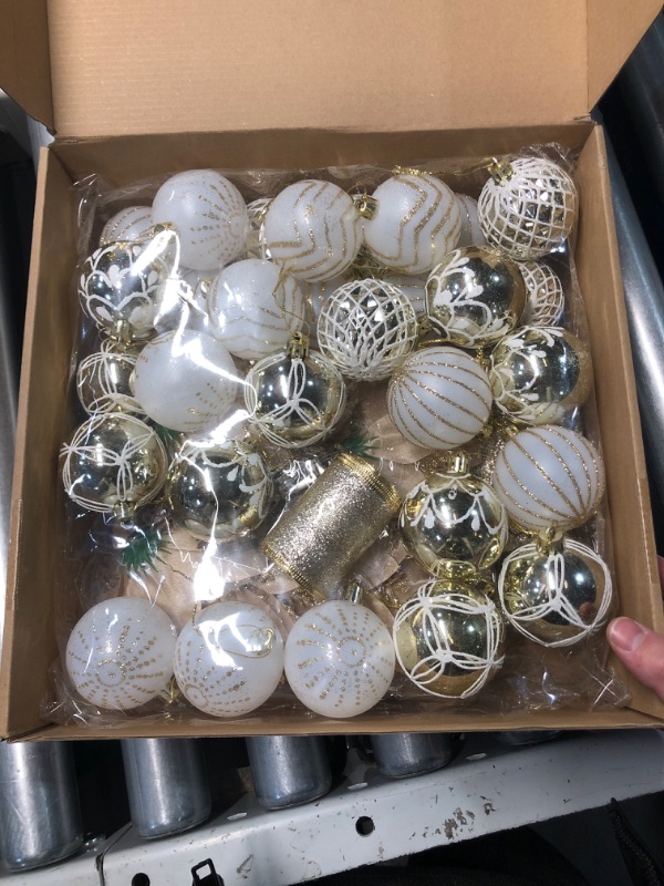 Photo 2 of (FAIR) 68 Pcs Christmas Tree Balls Ornaments Set Complete Christmas Tree Decorations Glitter Poinsettia Flowers Christmas Ornaments Tree Topper Ribbons Hanging Decor for Xmas Holiday(Champagne Gold)