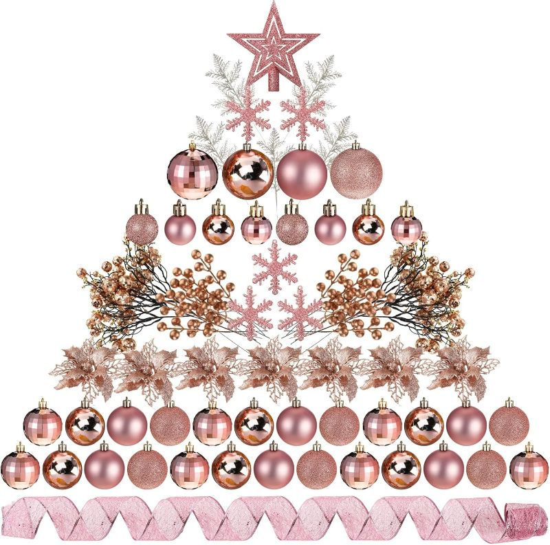 Photo 1 of Sratte 94 Pcs Christmas Tree Decorations Set, Christmas Tree Ball Ornaments Christmas Glitter Poinsettia Flowers Decorations Glitter Berries Stems for Xmas Holiday Wedding(Rose Gold)