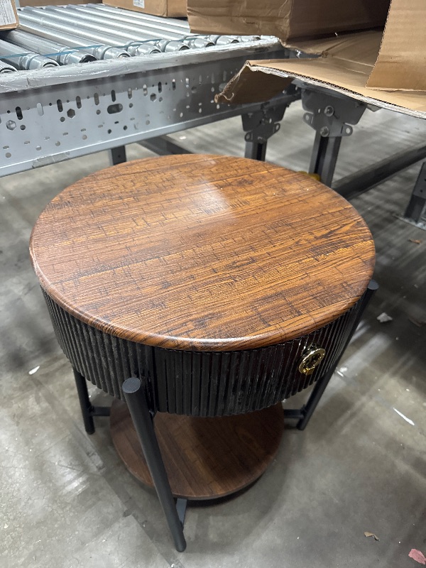 Photo 1 of OIOG Modern Side Table with Drawer, Industrial 2 Tier End Table with Shelf, Wood Grain Nightstand with Storage for Living Room, Bedroom, Office, Dorm, Black