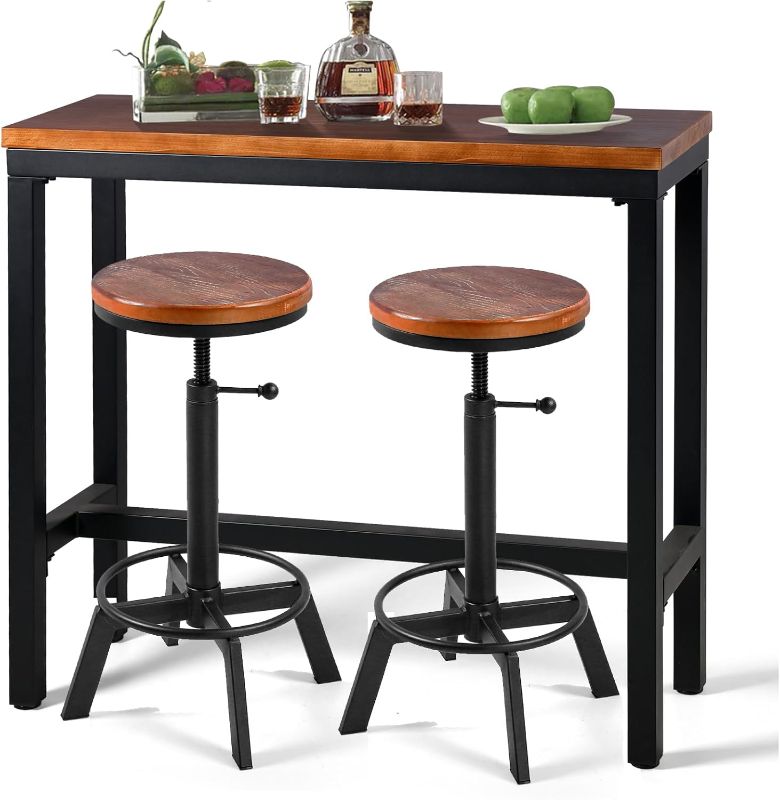 Photo 1 of *TABLE ONLY** 3-Piece Table & Chairs Set for Home Bar Dining Cafe Pub Party Bistro, Industrial-style Furniture Set, Rectangular Table & 2 Swivel Adjustable Barstools, Bar Height, Black & Brown, Metal & Wood
