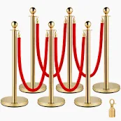 Photo 1 of *ONLY 2 COMPLETE STANCHIONS, 3 ROPES,*
VEVOR 6 PCS Gold Stanchions Posts Stainless Steel Stanchion Queue Post Red Rope Retractable 38In for Both Indoor and Outdoor use.