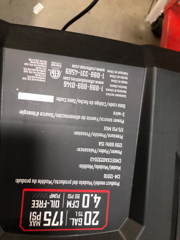 Photo 1 of Craftsman Air Compressor, 20 Gallon Oil-Free 1.8 HP Max 175 PSI Pressure Two Quick Couplers Big Capacity, Red- CMXECXA0232043