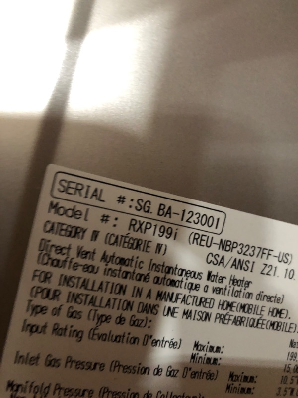 Photo 1 of ***Parts Only***Rinnai RXP199iN Condensing Smart Sense Natural Gas or Propane Tankless Water Heater, Indoor or Outdoor Water Heater, Up to 11.1 GPM, 199,000 BTU