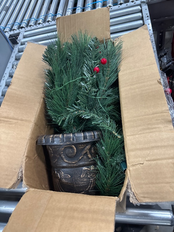 Photo 1 of Decoway 4ft Christmas Tree Pre-lit Artificial Tree for Entrances and Christmas with Gold Pot Base, Flocked Snow 70 Warm White Led Lights, for Entrances, Home Decorations Holiday Decor