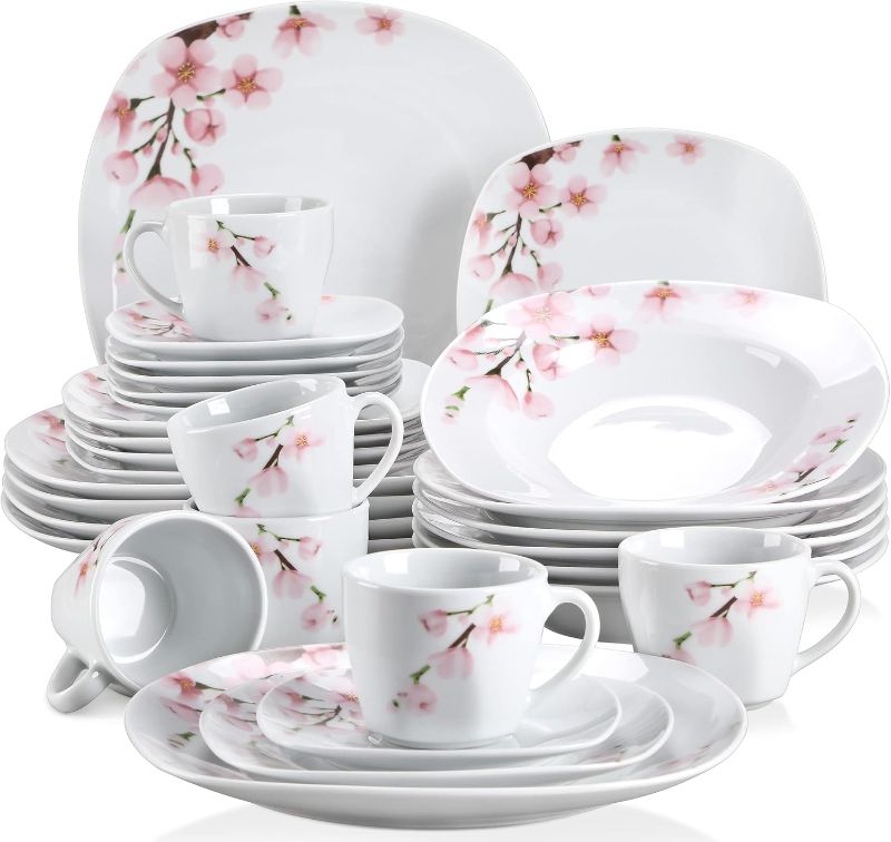 Photo 1 of **missing 2 cups** VEWEET, Series Annie, Porcelain Dinnerware Sets for 6, White Dish Set with Pink Floral, 30 PCS Dinner Sets Including Dinner Plates, Dessert Plates, Soup Plates Set, Cups & Saucers
