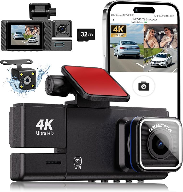 Photo 1 of 
3 Channel WiFi Dash Cam, 4K UHD Dash Cam Front and Rear, Dash Camera for Cars, Car Camera with Free 32GB Card, APP,G-Sensor, IR Night Vision, 170°Wide Angle, Loop Recording