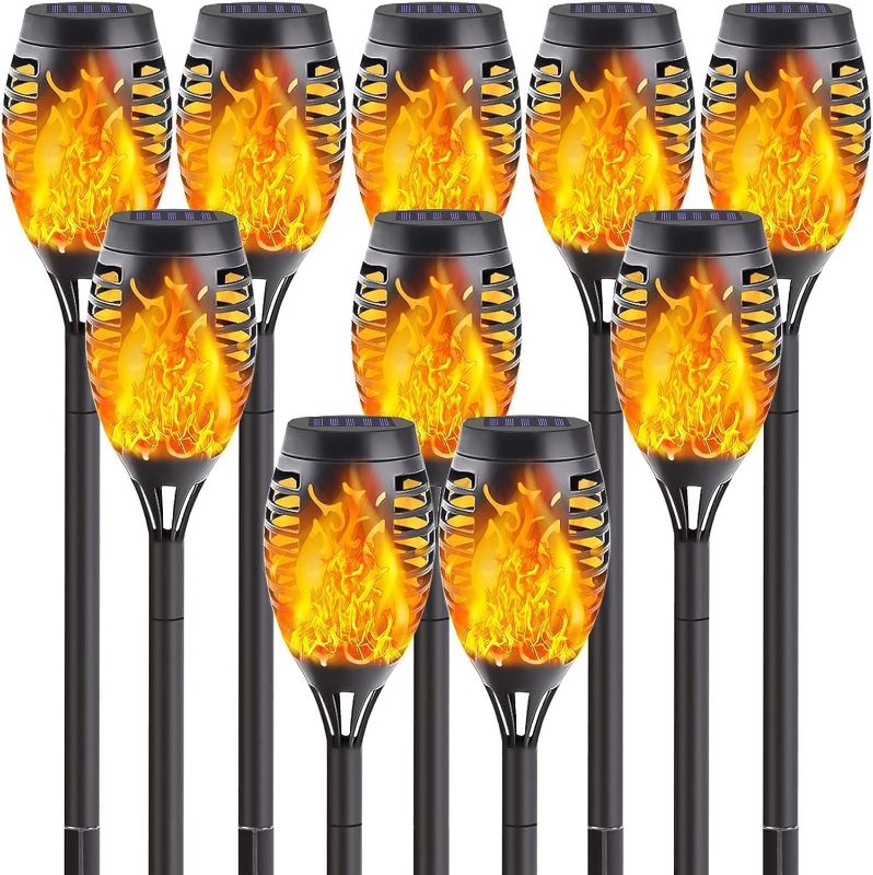 Photo 1 of 10-Pack Orange Solar Christmas Lights Outdoor for Christmas Decorations with Flickering Flame (Upgraded Super Bright), Waterproof Tiki Torches Solar Flame Torch for Outside Pathway Yard Porch Decor
